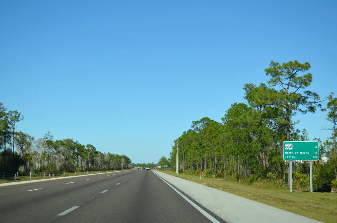 Aerial view of a landscaped Southwest Florida roadway corridor bordered by lush palm trees.